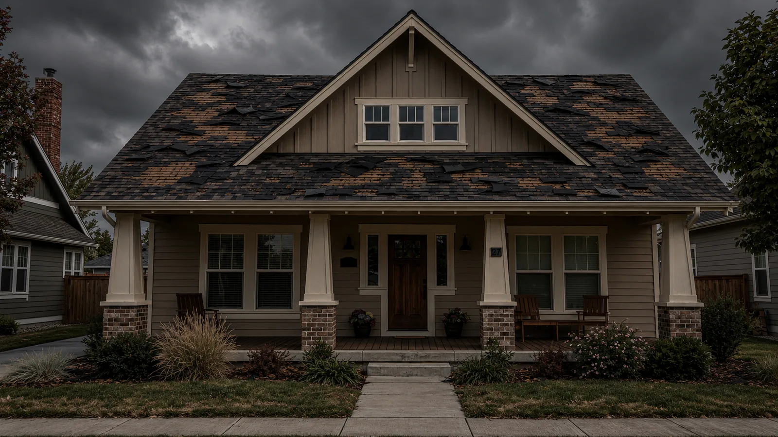 Craftsman house with torn and missing shingles on the main roof and porch slope.