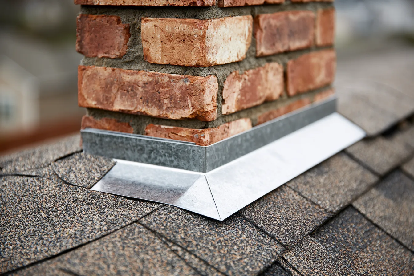 Metal flashing around the base of a brick chimney on an asphalt shingle roof