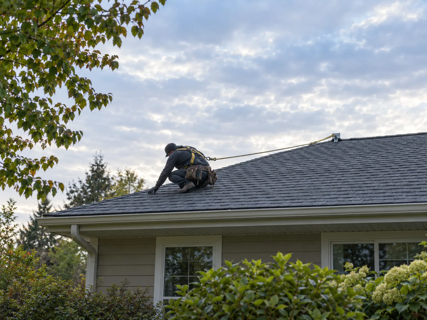 Illustration of an anonymous roofer examining a shingle roof in cool backlight